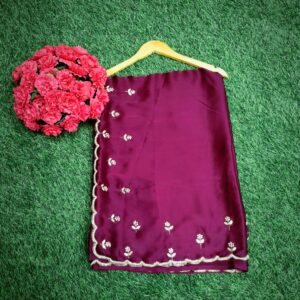 German crape Sarees with Hand work Moti Scalloped Border with running Blouse